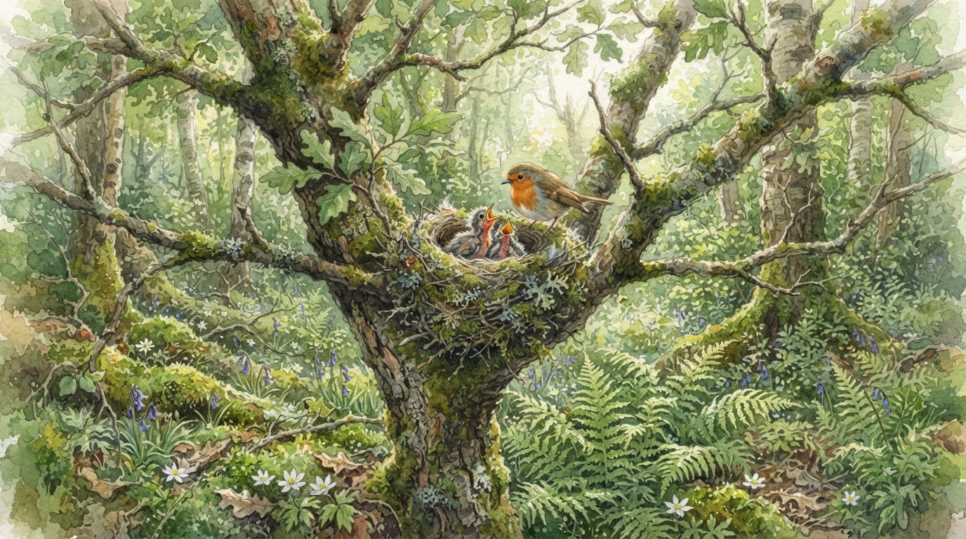 Une rouge-gorge nourrit ses trois oisillons dans un nid de mousse et de brindilles, niché au creux d'un vieux chêne moussu au milieu de la forêt